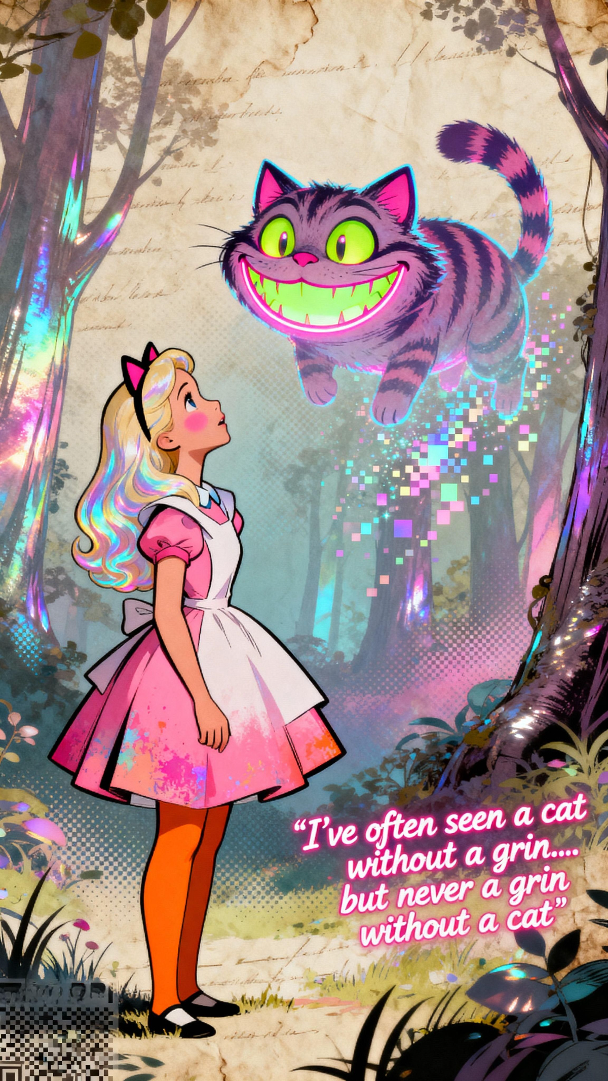 Alice looking up at the Cheshire Cat
