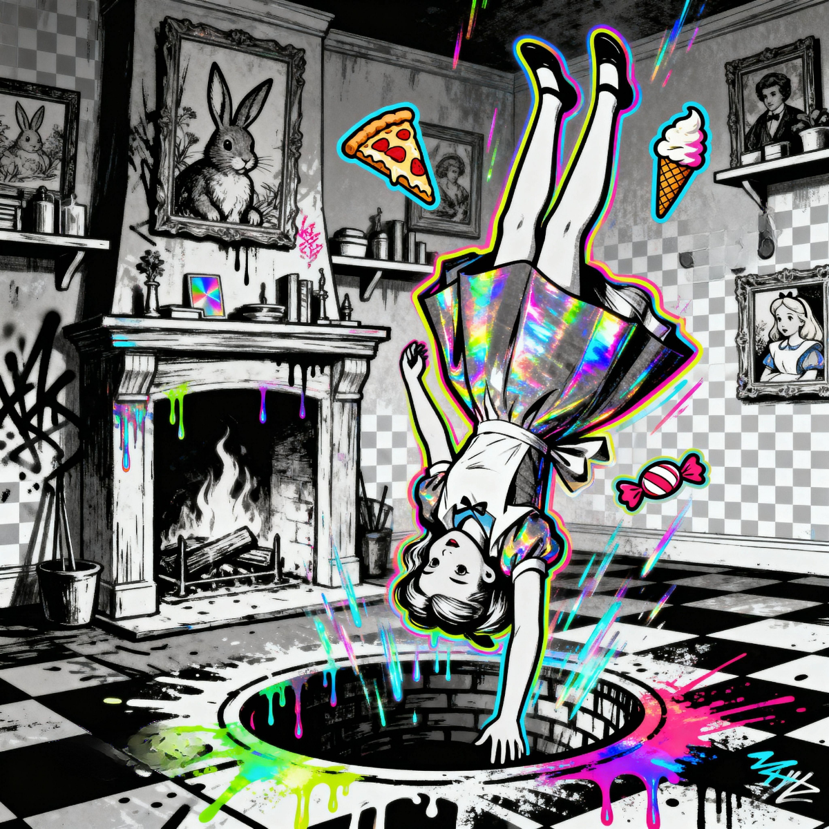 Alice falling upside down through the rabbit hole