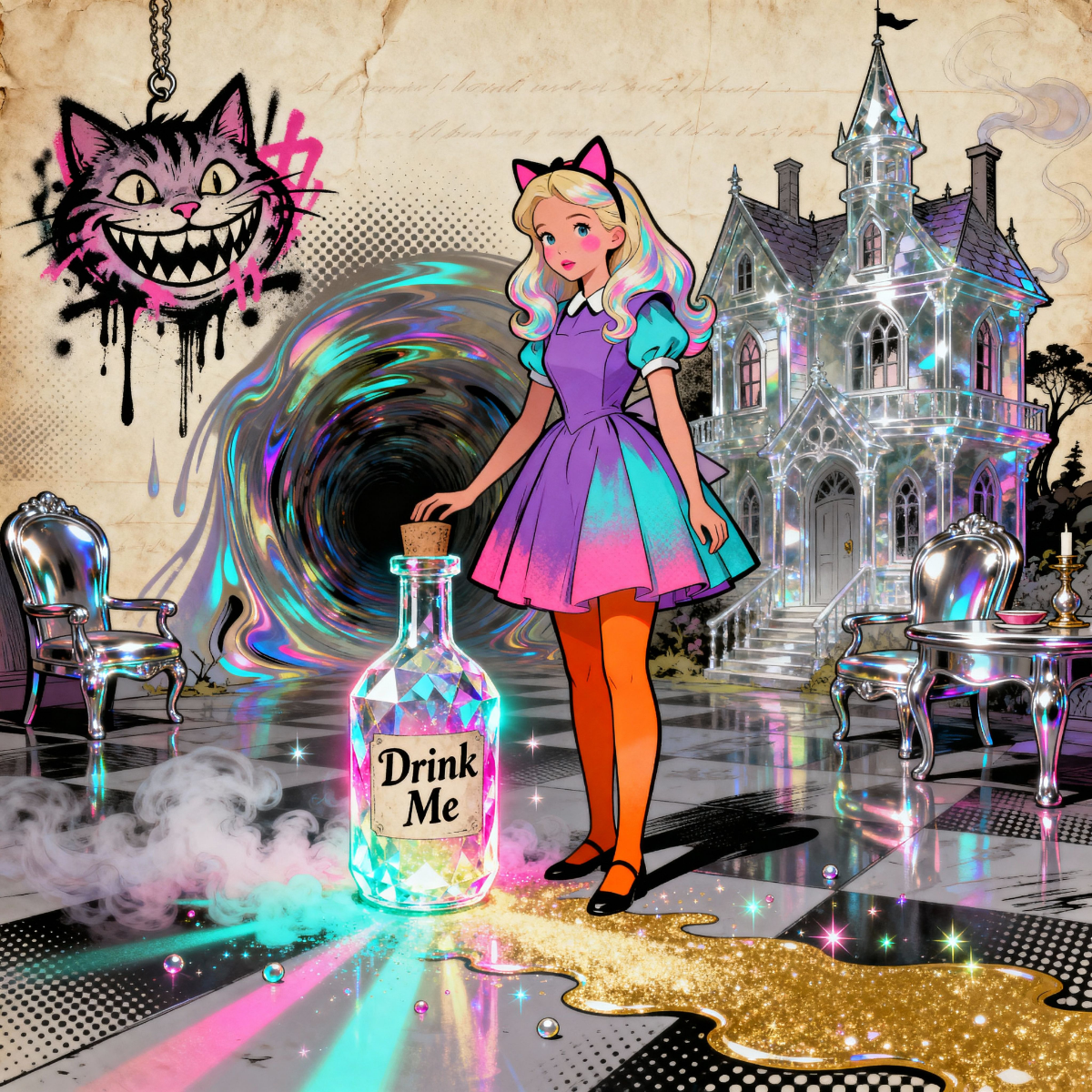 Alice in holographic dress with Drink Me bottle