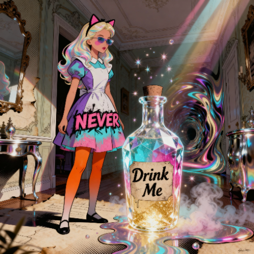 Alice in NEVER typography dress with Drink Me bottle