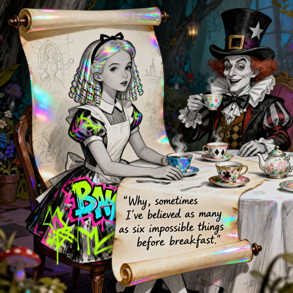 Alice and the Mad Hatter at the tea table