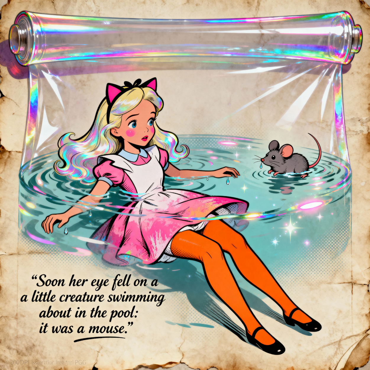 Alice swimming with the mouse in the Pool of Tears