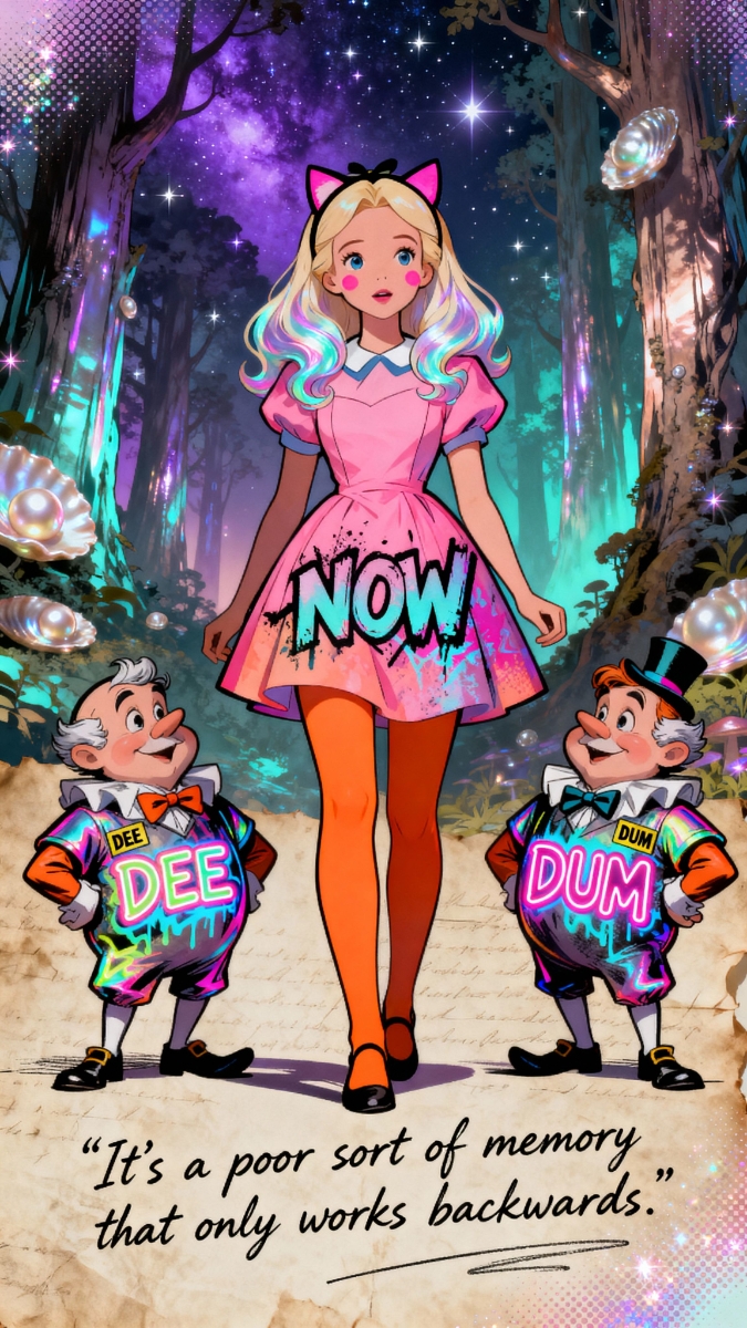 Alice with the Tweedles under a starry sky