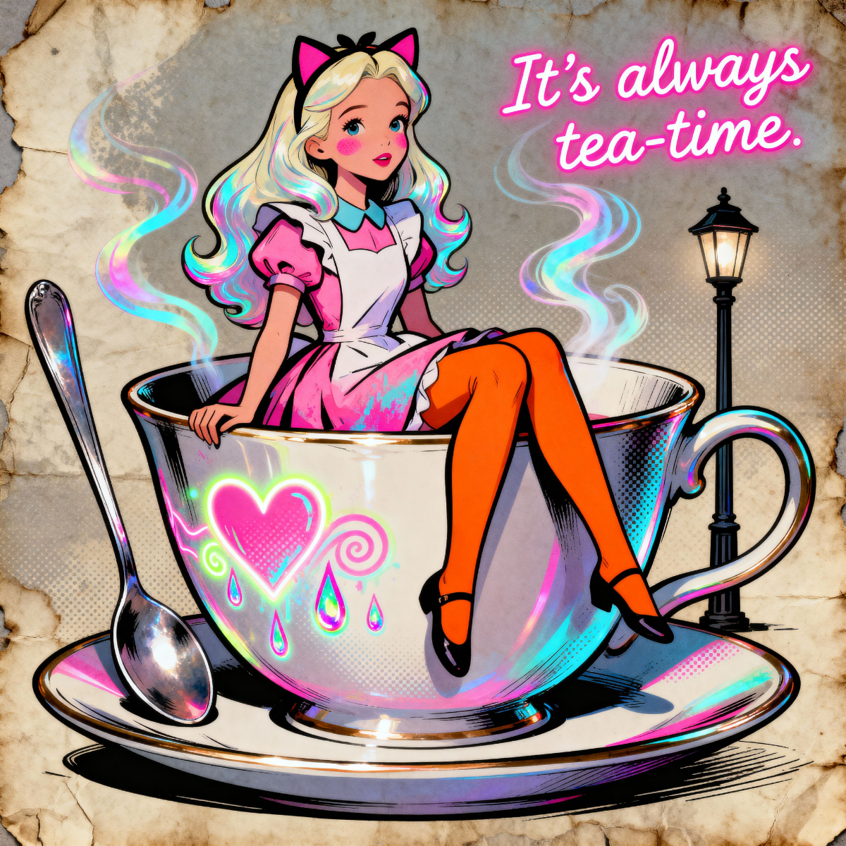 Alice sitting in a giant teacup