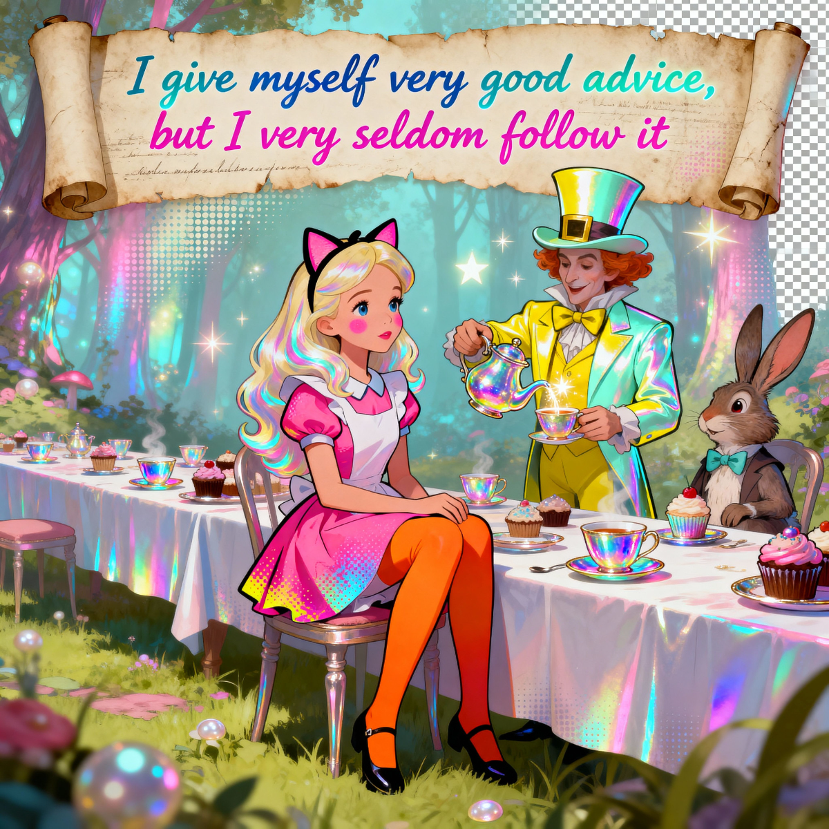 Alice at the tea party with the Mad Hatter and White Rabbit