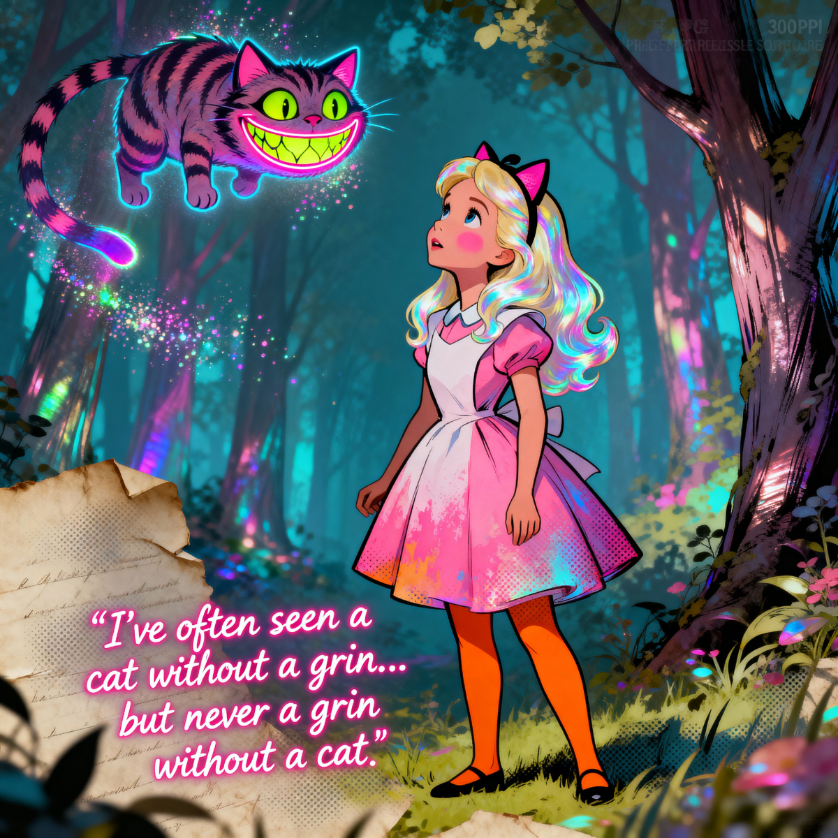 Alice looking up at the Cheshire Cat in the glowing forest