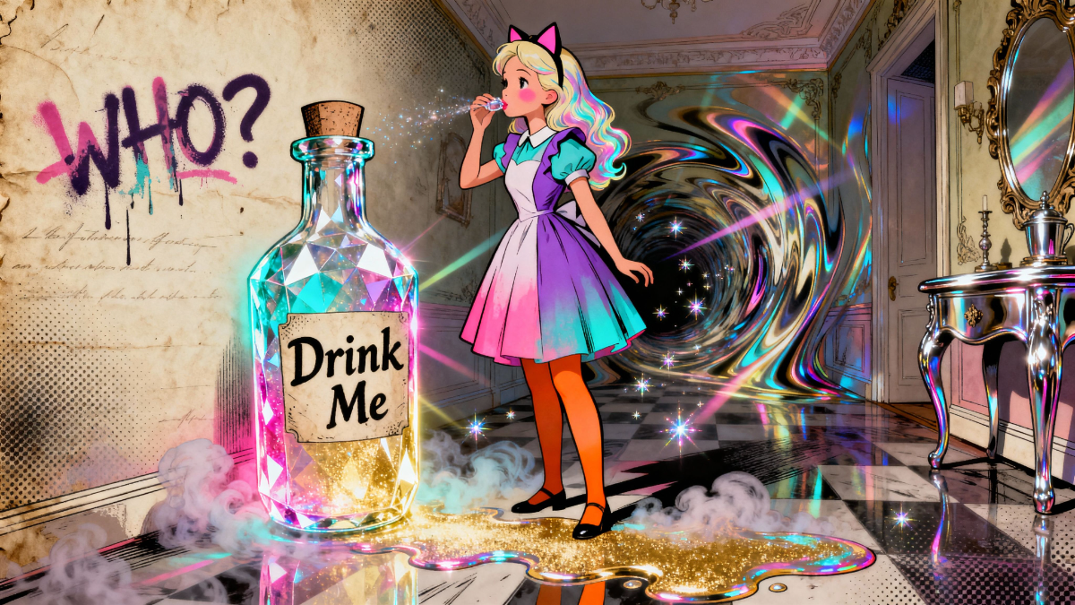 Alice with WHO? graffiti and the Drink Me bottle