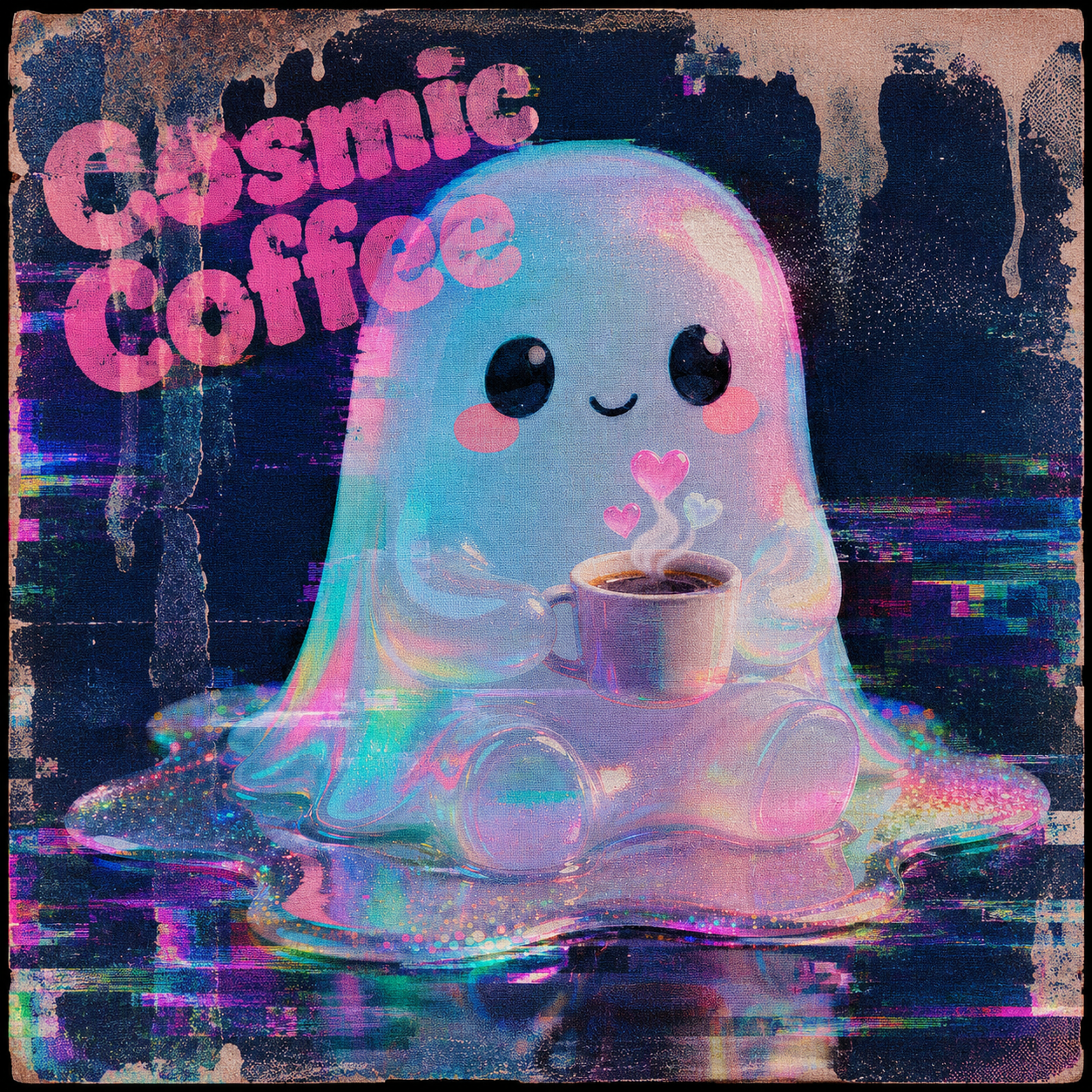 Cosmic Coffee membership tier — holographic ghost sipping coffee