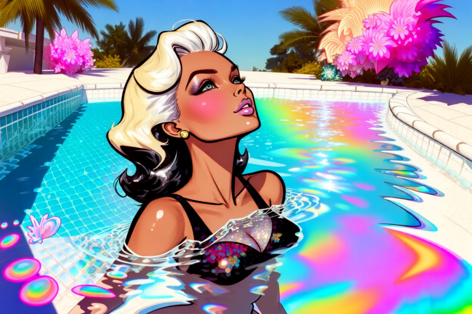 Glitter girl surfacing in a rainbow pool