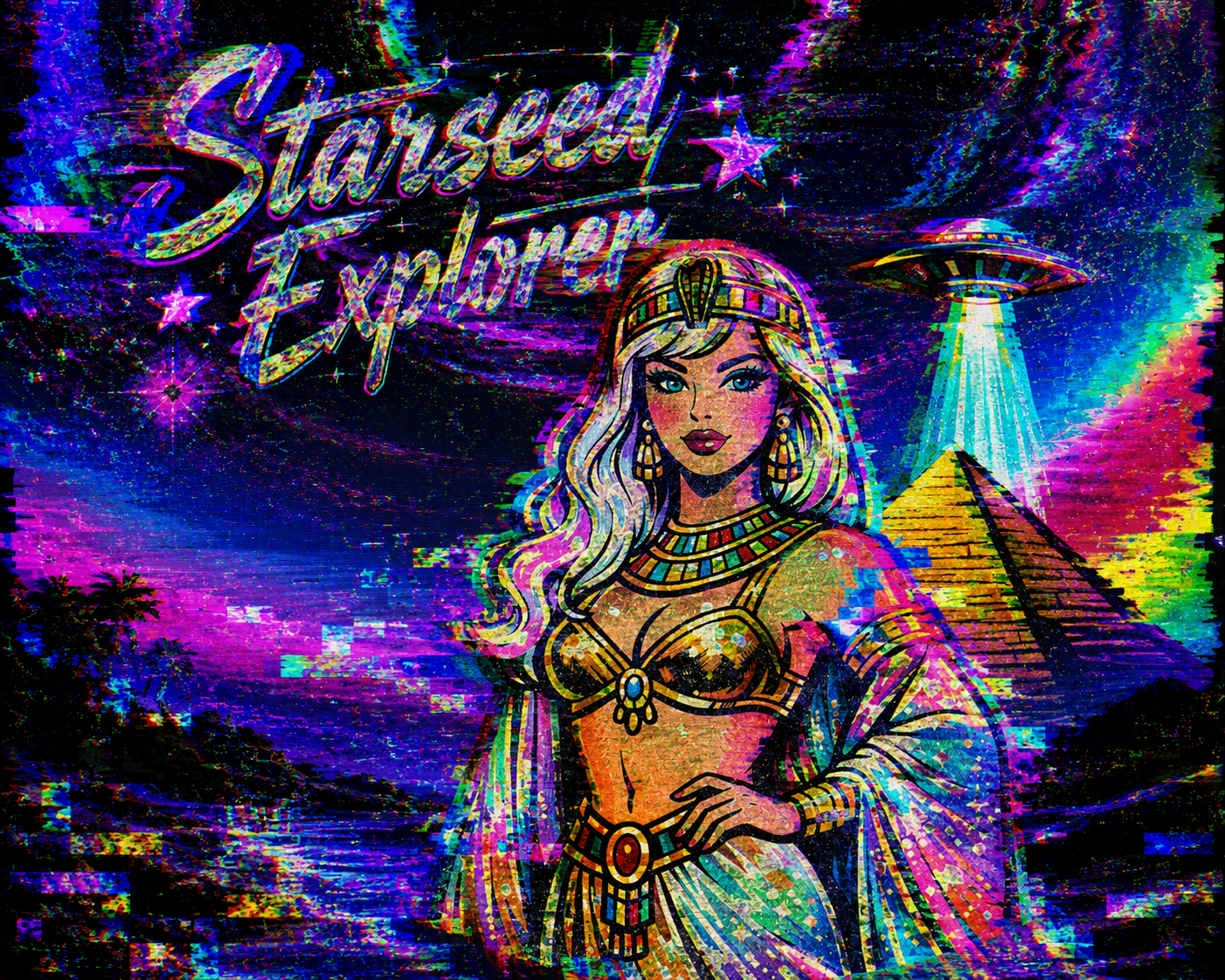 Starseed Explorer membership tier — cosmic goddess, pyramid, and UFO